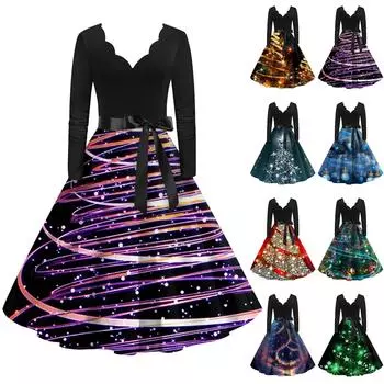 Женское рождественское платье с расклешенным принтом и длинным рукавом с круглым вырезом, вечерние повседневные платья L