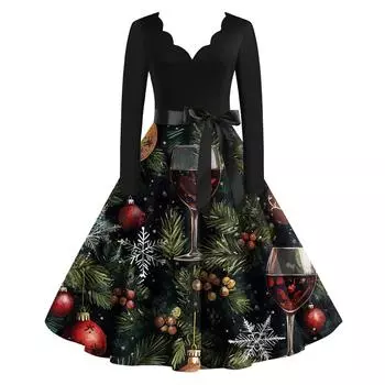 Женское рождественское платье с V-образным вырезом и широким подолом, длинное платье с рукавами L армия зеленый