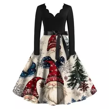 Женское рождественское платье с V-образным вырезом и широким подолом, длинное платье с рукавами L бежевый