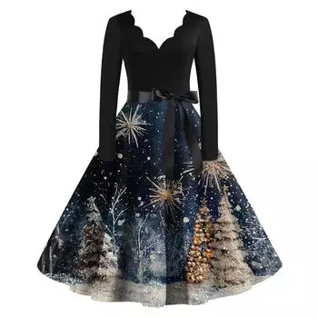 Женское рождественское платье с V-образным вырезом и широким подолом, длинное платье с рукавами L синий