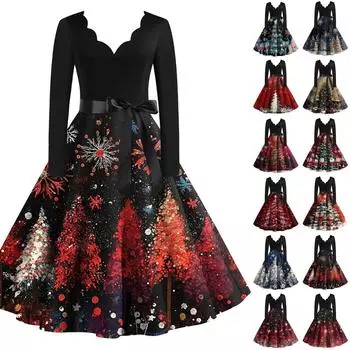 Женское рождественское платье с V-образным вырезом и широким подолом, длинное платье с рукавами XXXXL синий