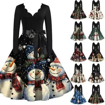 Женское рождественское платье с V-образным вырезом и широким подолом, длинное платье с рукавами XXL