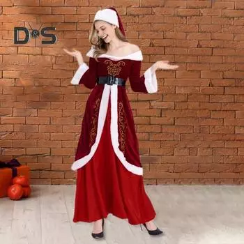 Женское рождественское платье Санта-Клауса с открытыми плечами, цветное ретро-платье в стиле Yoyal с поясом и шляпой, праздничный костюм для выступлений и вечеринок L красный