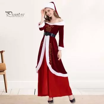 Женское рождественское платье Санта-Клауса с открытыми плечами, цветное ретро-платье в стиле Yoyal с поясом и шляпой, праздничный костюм для выступлений и вечеринок M красный