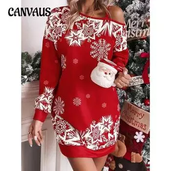 Женское рождественское платье со снежинками, длинными рукавами и косым спущенным плечом, на осень и зиму S красный