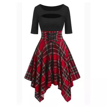 Женское рождественское платье в клетку с рюшами и вырезами в клетку на шнуровке, рождественское вечернее платье миди