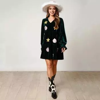 Женское рождественское платье Yousheng, праздничное, со звездным принтом, в стиле пэчворк, с пайетками, А-силуэта, плиссированное, с V-образным вырезом, длинными рукавами, оборками, бархатное, для вечеринки, на Новый год, мини-платье M