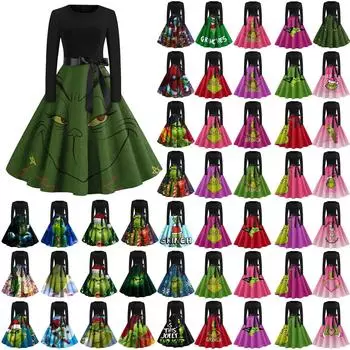 Женское рождественское расклешенное платье с принтом для женщин, платье с длинным рукавом, вечерние повседневные платья L чёрный