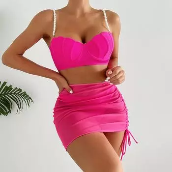 Женское розово-красное бикини, 3 шт., сексуальный купальный костюм с высокой талией, пляжный купальник, женский летний купальник S