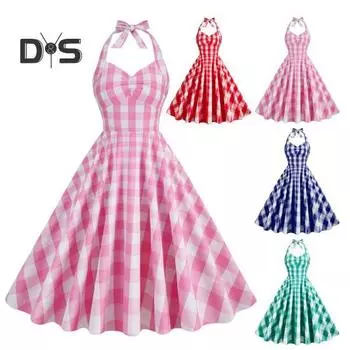 Женское розовое клетчатое платье без рукавов 1950-х годов со шнуровкой, бантом, халтером, скрытой молнией, приталенным подолом, коктейльное платье-халат с высокой талией и А-силуэтом M зелёный