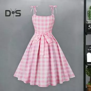 Женское розовое клетчатое платье без рукавов со шнуровкой и бантом, потайная молния, фигурист, подол, коктейльное вечернее платье-качели, праздничный костюм M розовый