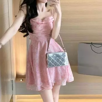 Женское розовое платье-комбинация Y2K с романтическим цветочным принтом, лето 2022, облегающее эластичное вечернее клубное мини-платье с высокой талией S розовый