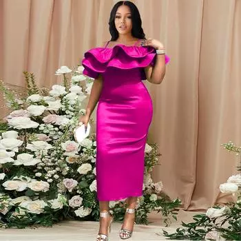 Женское розовое сексуальное вечернее платье с оборками, блестящая облегающая оболочка на бретельках, на день рождения, Рождество, с открытыми плечами, даже платье, праздничные платья