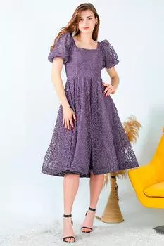 Женское серебристое вечернее платье длины миди с объемными рукавами