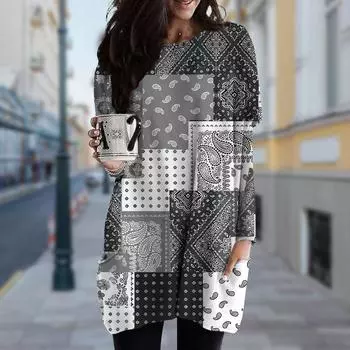 Женское серое платье с круглым вырезом и принтом в виде блоков, весна-осень, платье больших размеров с карманами XS чёрный