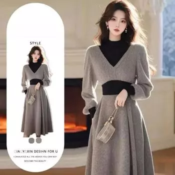 Женское серое трикотажное платье-свитер с высоким воротом - элегантная длинная юбка зимы 2024 года M (Recommended 80-100 lbs)