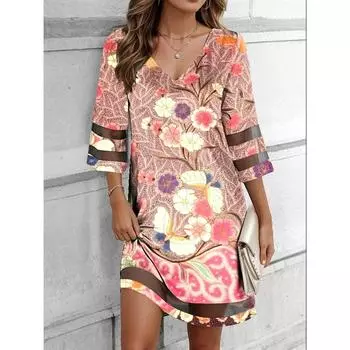 Женское сетчатое лоскутное летнее платье с коротким рукавом с цветочным принтом и V-образным вырезом S розовый