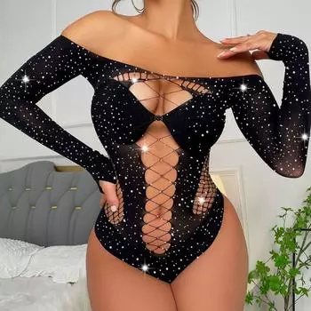 Женское сетчатое нижнее белье со стразами, боди с длинными рукавами, сетчатые боди, сексуальное нижнее белье, ажурные боди One size чёрный