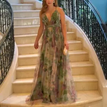 Женское сетчатое платье макси на тонких бретельках с глубоким V-образным вырезом и открытой спиной, вечернее платье с цветочным принтом, платье-камисоль для коктейльной вечеринки S армия зеленый