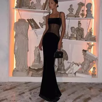 Женское сетчатое платье с бретельками Perspective Sexy Hot Fashion с глубоким вырезом на шее и вырезом-рыбьим хвостом S чёрный