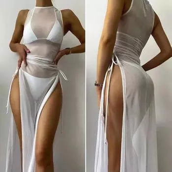 Женское сетчатое платье с круглым вырезом и высоким разрезом по бокам, прозрачное солнцезащитное платье без рукавов M белый