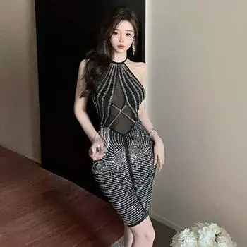 Женское сетчатое платье с открытой спиной и блестками в перспективе прилива S чёрный