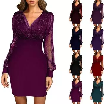 Женское сетчатое платье с V-образным вырезом и пайетками, сексуальное платье с длинным рукавом от Foreign Trade XXL винный