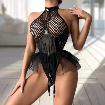 Женское сексуальное эротическое белье, новое женское нижнее белье из искусственной кожи с сеткой, сшитое из сетки, юбка-тент с кромкой, пояс для чулок, боди, клубная одежда S
