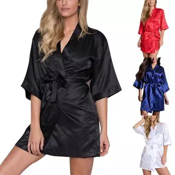 Женское сексуальное атласное пижамы, нижнее белье, ночное белье, халат, халат L чёрный