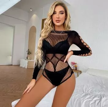 Женское сексуальное ажурное ажурное нижнее белье с длинными рукавами, топ и трусики 2-в-1 для косплея, эротический костюм, униформа, искушение One Size