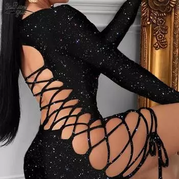 Женское сексуальное бандажное платье с открытой спиной и длинными рукавами, облегающее платье, блестящее, полые, на шнуровке, женские вечерние клубные платья 19642 S чёрный
