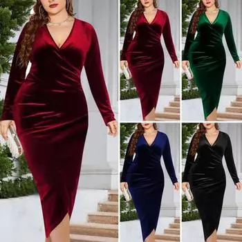 Женское сексуальное бархатное платье больших размеров с глубоким v-образным вырезом и длинными рукавами, плиссированное платье с крестообразным принтом, облегающее коктейльное вечернее платье 5XL чёрный