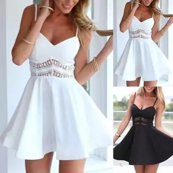 Женское сексуальное безрукавное платье с V-образным вырезом и открытой спиной, однотонное кружевное пляжное мини-платье S чёрный