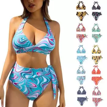 Женское сексуальное бикини с разноцветным принтом и высокой талией, с разрезом и завязками на шее L чёрный