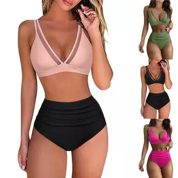 Женское сексуальное бикини с разрезом и высокой талией, сетчатый купальник с подкладкой для бюстгальтера без стальной поддержки, купальник L армия зеленый