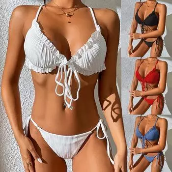 Женское сексуальное бикини со шнуровкой и открытой спиной, с подушечками на груди, без стального бюстгальтера, купальник L красный