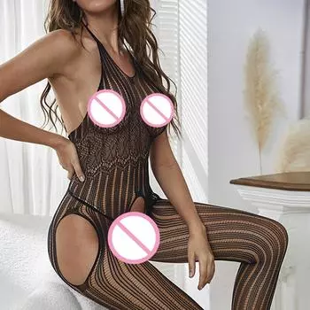 Женское сексуальное боди, экзотическое нижнее белье, прозрачный женский комбинезон с открытой промежностью, сетчатые боди-чулки, черный ажурный костюм XXS