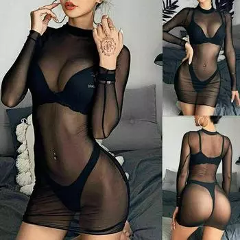 Женское сексуальное боди Babydoll, прозрачные сетчатые укороченные топы с длинными рукавами, повседневная клубная одежда, мини-платье, прозрачная черная одежда для сна S