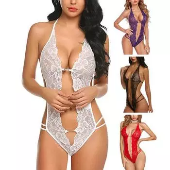 Женское сексуальное боди с глубоким вырезом и открытой спиной, без рукавов, тонкое прозрачное кружево с бретелькой на шее, цветочная вышивка, спагетти-ремень, тощий женский комбинезон для свадебной ночи M
