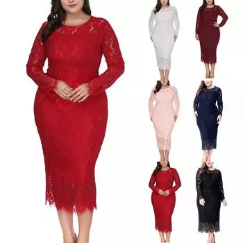 Женское сексуальное большое однотонное кружевное вечернее платье с круглым вырезом, платье высокого качества XXXXXL винный