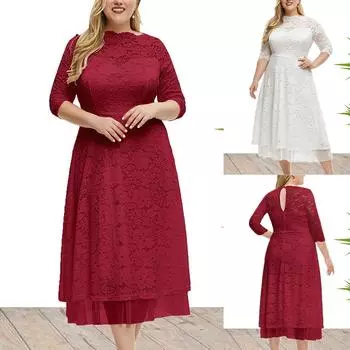 Женское сексуальное большое однотонное кружевное вечернее платье с круглым вырезом, платье высокого качества XXXXXL красный