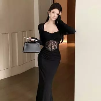 Женское сексуальное черное кружевное платье Fishbone с длинным рукавом Slim Fit M