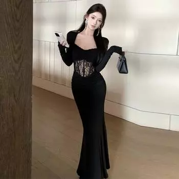 Женское сексуальное черное кружевное платье Fishbone с длинным рукавом Slim Fit S