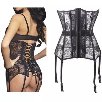 Женское сексуальное черное нижнее белье, прозрачное кружево, стальные косточки, жесткий корсет, шнуровка, пояс под грудью, Traini S