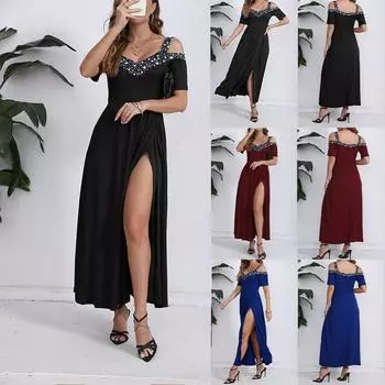 Женское сексуальное длинное платье с коротким рукавом и разрезом на подтяжках 4XL чёрный