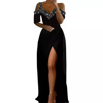 Женское сексуальное длинное платье с короткими рукавами, открытыми плечами, бретельками и разрезом по низу L чёрный