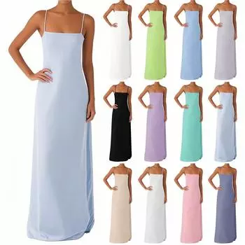 Женское сексуальное длинное шелковое цельное платье с открытыми плечами L бежевый