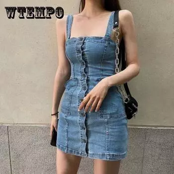 Женское сексуальное джинсовое платье на бретелях, женское тонкое платье на бедрах, летнее короткое джинсовое платье, Клубная вечеринка S синий