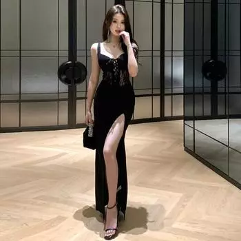 Женское сексуальное горячее кружевное облегающее платье с бретельками S чёрный