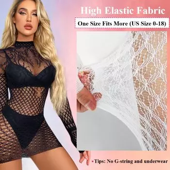 Женское сексуальное и забавное нижнее белье с длинными рукавами из сетки, юбка с запахом на бедрах, платье из ажурной сетки, обтягивающие трусики, корректирующее белье One Size